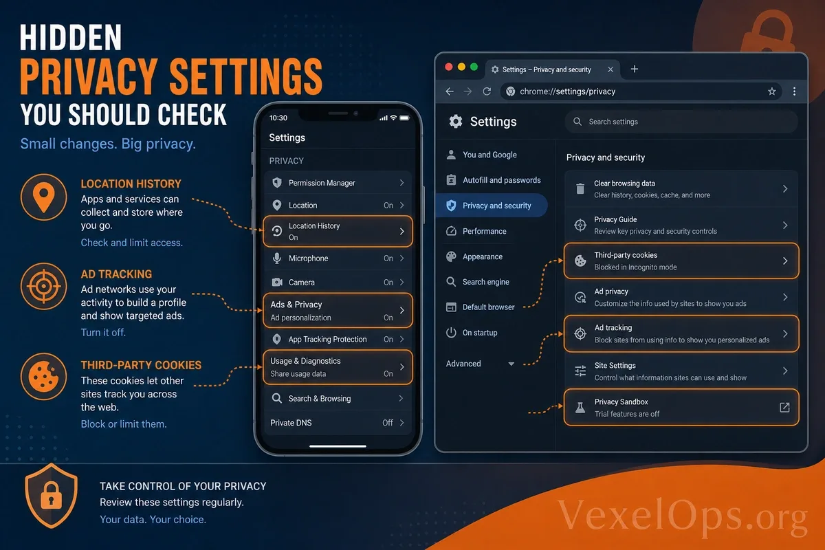 Ilustración que categoriza las configuraciones de privacidad en móviles y navegadores, incluyendo ubicación, cámara, micrófono, notificaciones, cookies, autocompletar y gestión de 
