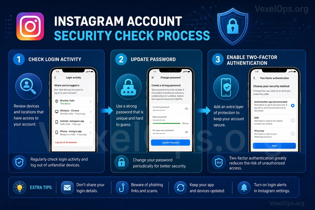 Instagram 帳號安全檢查清單插圖，包含密碼安全、雙重驗證、登入活動、恢復資料、第三方授權與可疑私訊提醒。