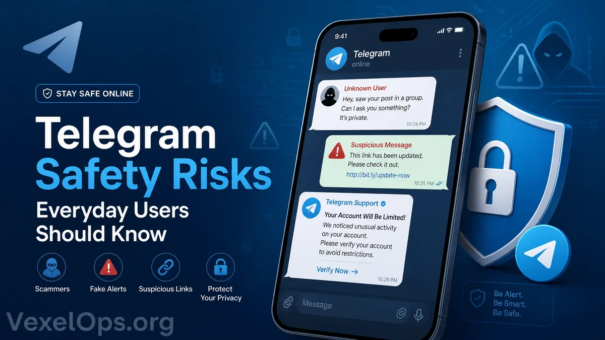 Telegram 使用安全風險提醒封面圖，呈現深藍與青色科技風格的通訊私訊、可疑群組連結、隱私防護與帳號安全視覺。