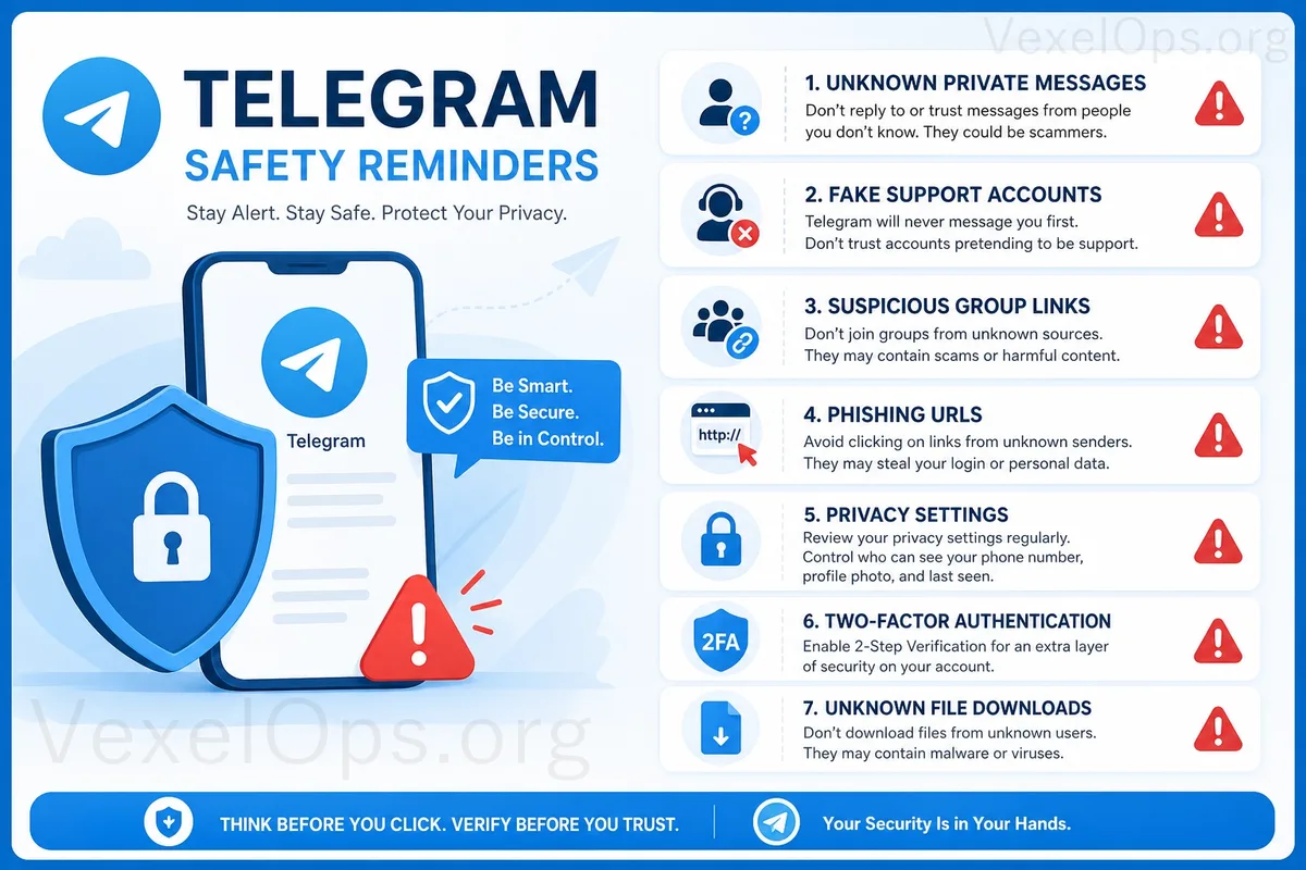 Telegram 使用安全提醒插圖，包含陌生私訊、假客服、可疑群組、釣魚連結、隱私設定、雙重驗證與未知檔案下載風險。