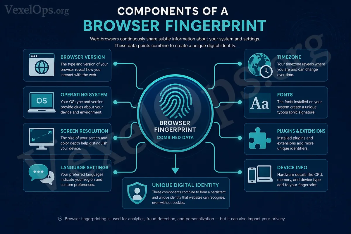 Illustration of browser fingerprint composition, showing how browser version, operating system, screen resolution, language, timezone, fonts, plugins, and device information create