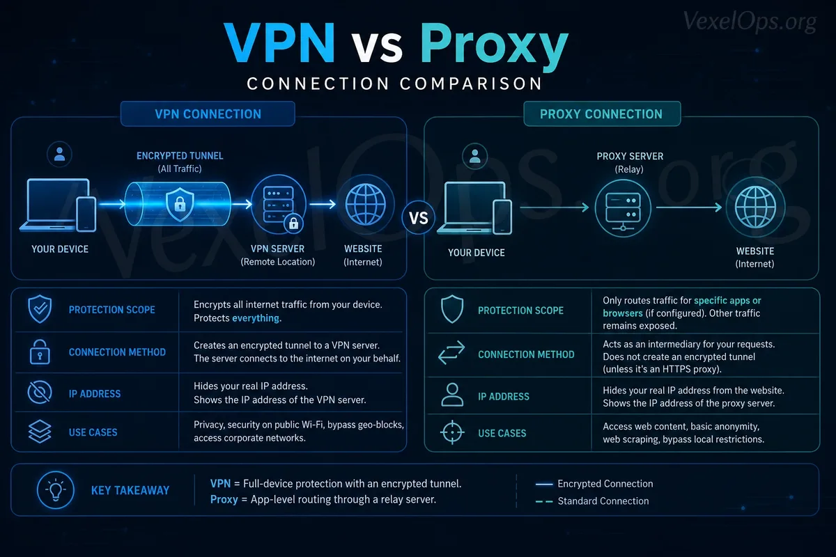 Illustration comparing VPN and Proxy connection paths, explaining the differences in connection methods and protection scope of VPNs' encrypted tunnels and proxies' intermediaries.
