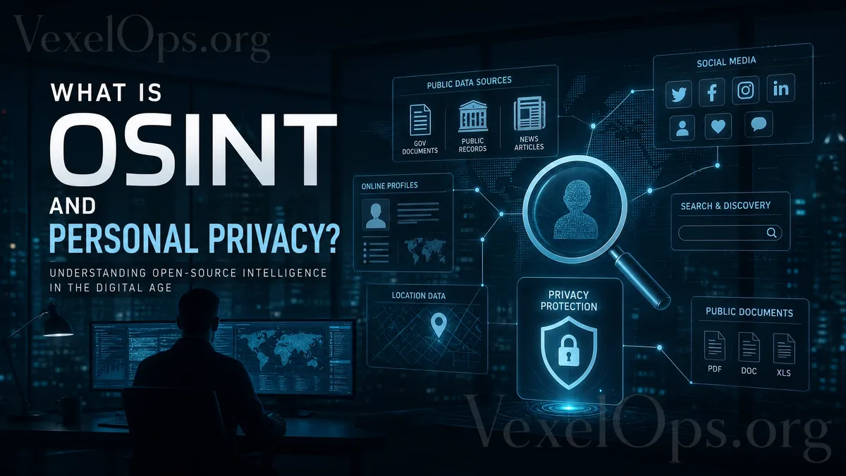OSINT 與個人隱私風險封面圖，呈現深藍黑色情報分析風格的公開資料節點、搜尋介面、資料連線與隱私盾牌。