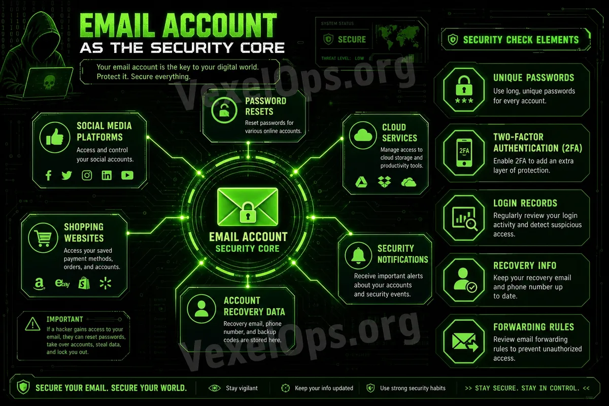 Email 作為帳號安全中心的示意圖，說明 Email 如何連接密碼重設、社群平台、雲端服務、購物網站、安全通知與帳號恢復資料。