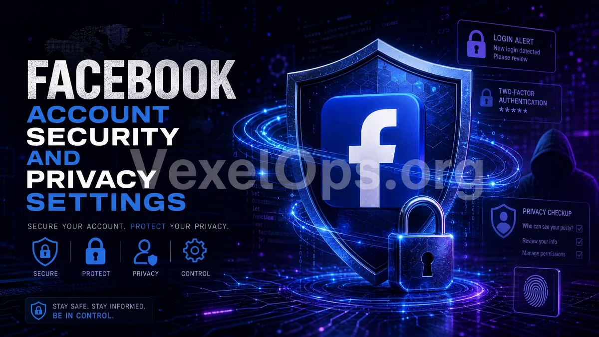 Facebook 帳號安全與隱私設定封面圖，呈現暗色科技風格的帳號防護、登入提醒與隱私盾牌。