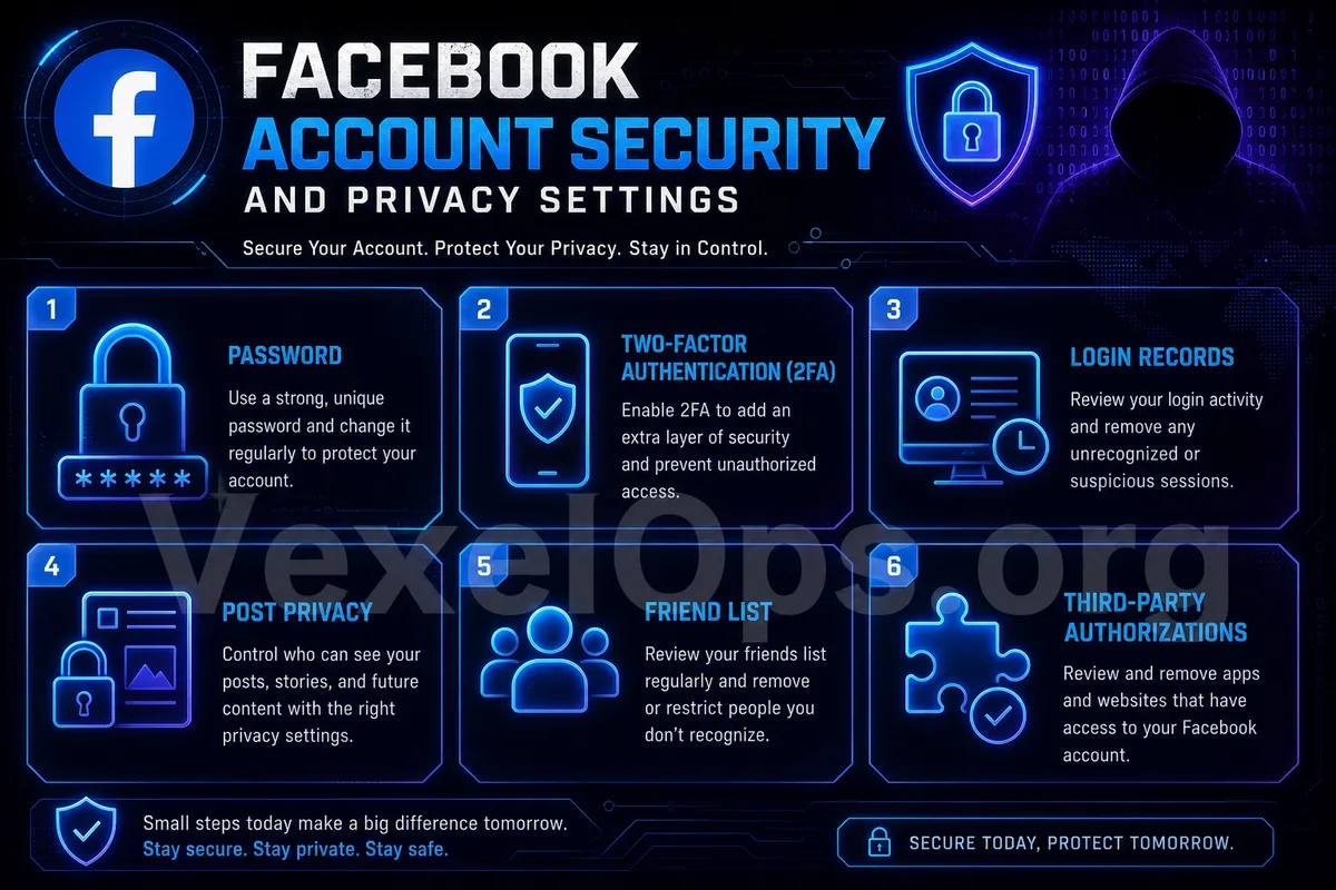 Facebook 帳號安全與隱私設定封面圖，呈現暗色科技風格的帳號防護、登入提醒與隱私盾牌。