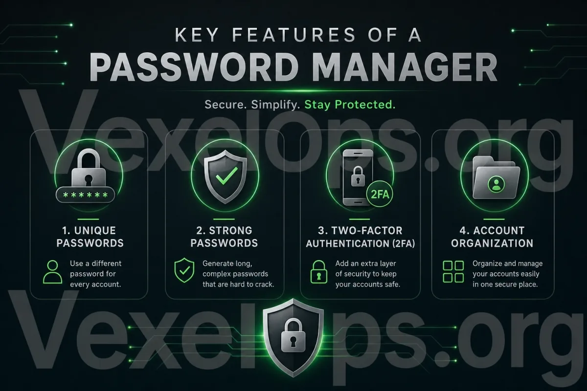 Illustration showing password manager features, including unique passwords, strong passwords, two-factor authentication, and account organization.