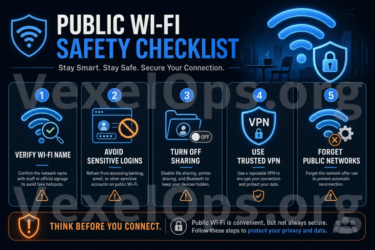 Public Wi-Fi Safety Checklist illustration, including verifying Wi-Fi name, avoiding sensitive logins, disabling sharing, using trusted VPN, and forgetting public networks.