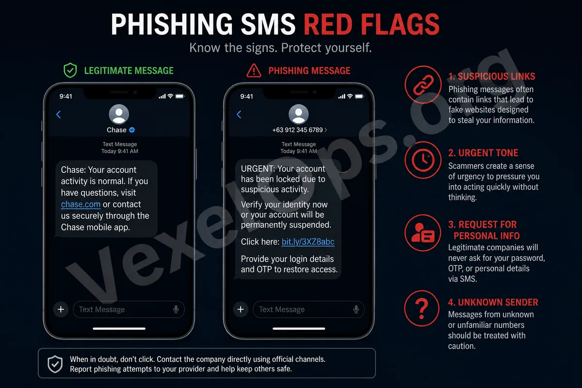常見釣魚簡訊類型示意圖，包含假包裹通知、假銀行提醒、帳號異常通知與付款失敗連結。