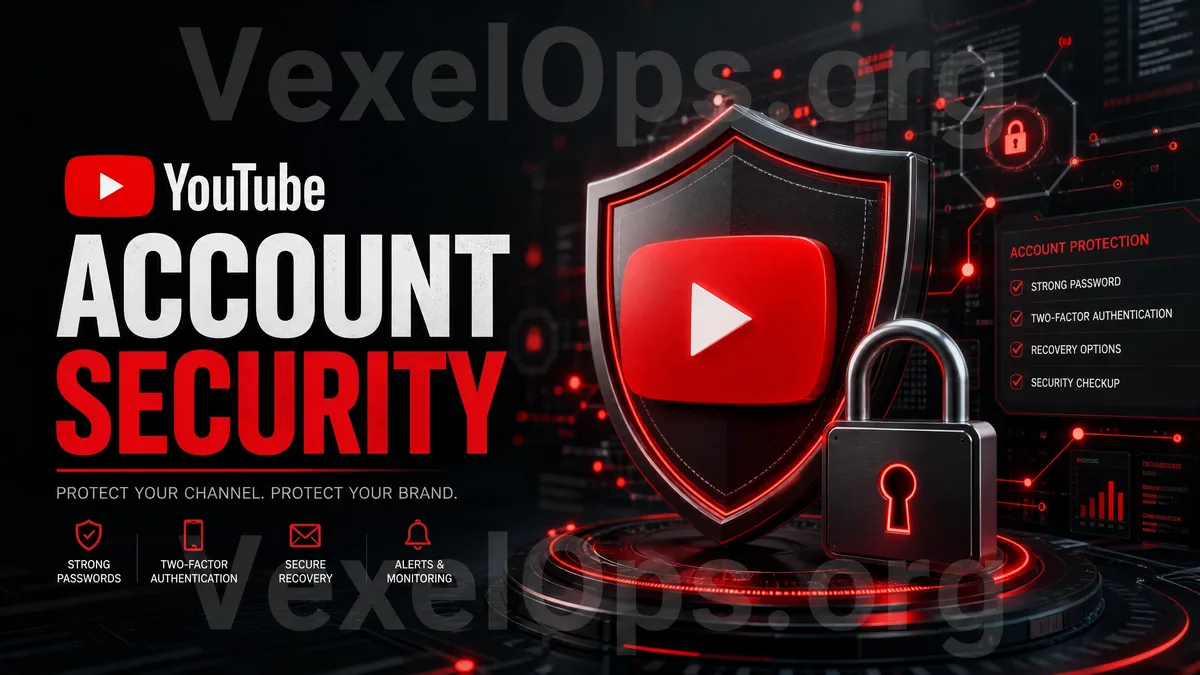 YouTube 帳號安全封面圖，呈現影片平台帳號介面、登入提醒、鎖頭與頻道防護概念。