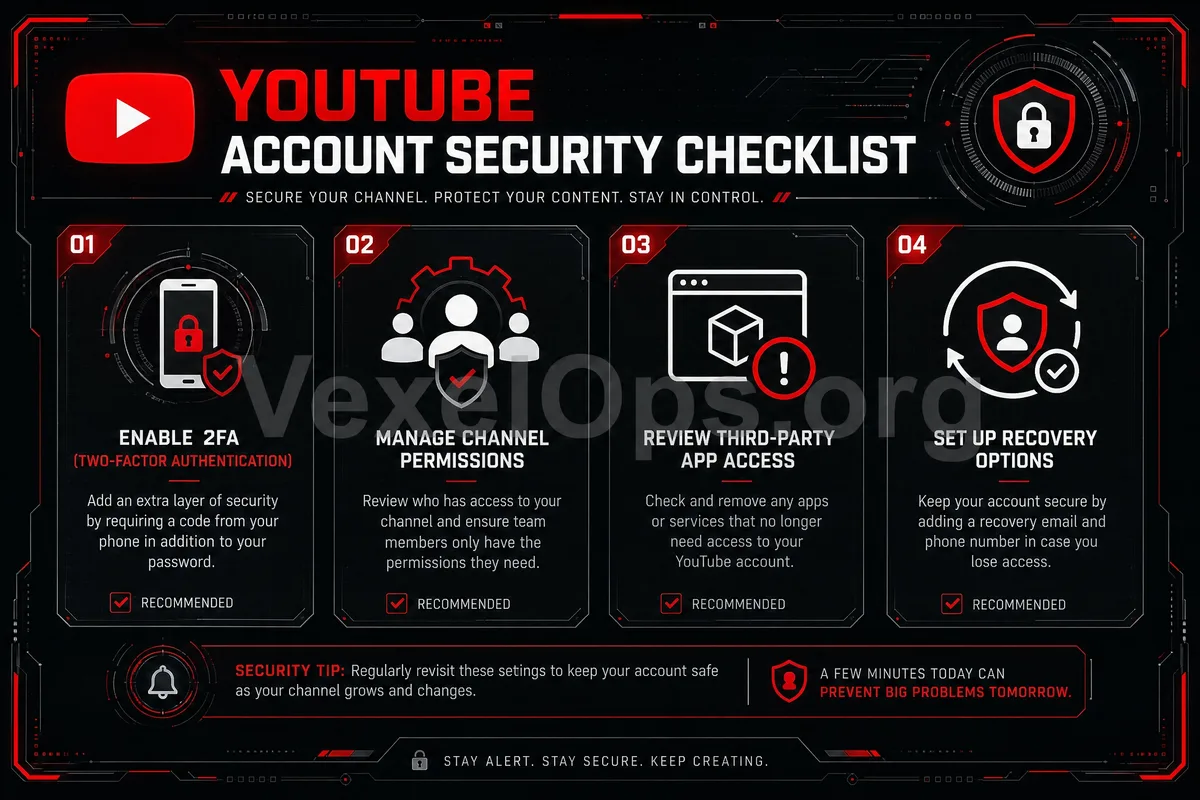 YouTube account security check list, containing two-factor authentication, login activity, collaboration emails, third-party authorizations, and channel permissions.