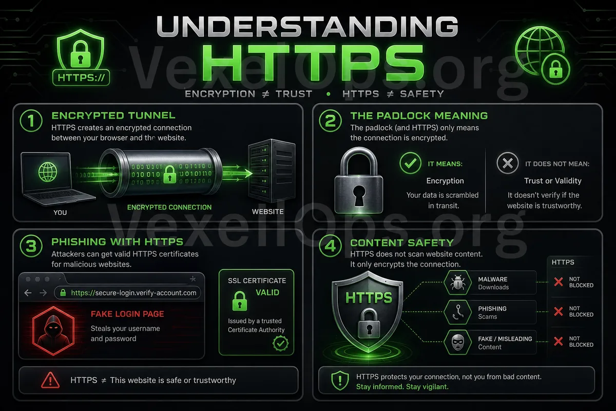 Conceptual diagram of HTTPS, illustrating the encrypted connection between the browser and the website, and that the padlock symbol does not indicate the website is trustworthy.