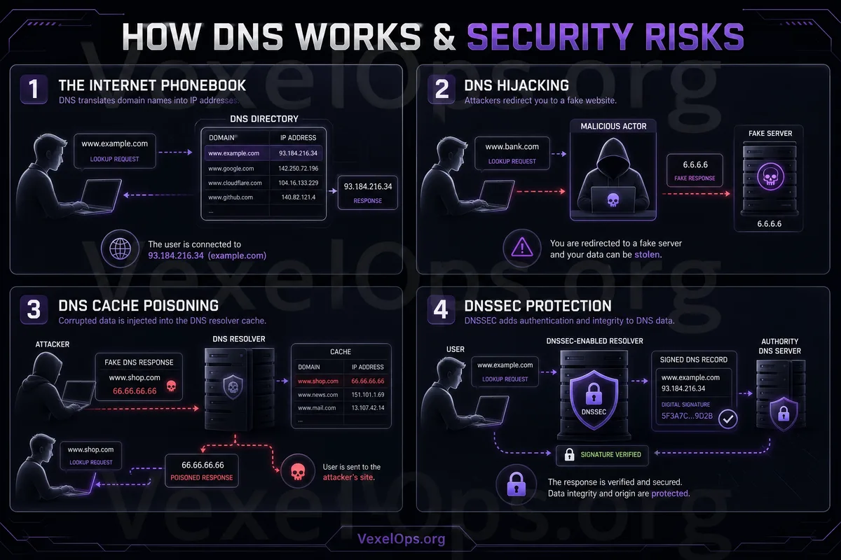 DNS 解析概念示意圖，說明使用者輸入網址後，DNS 如何協助連接到網站伺服器。