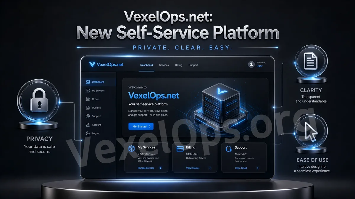 VexelOps.net 自主委託服務平台封面圖，呈現數位服務介面、流程節點、隱私鎖頭與安全防護概念。