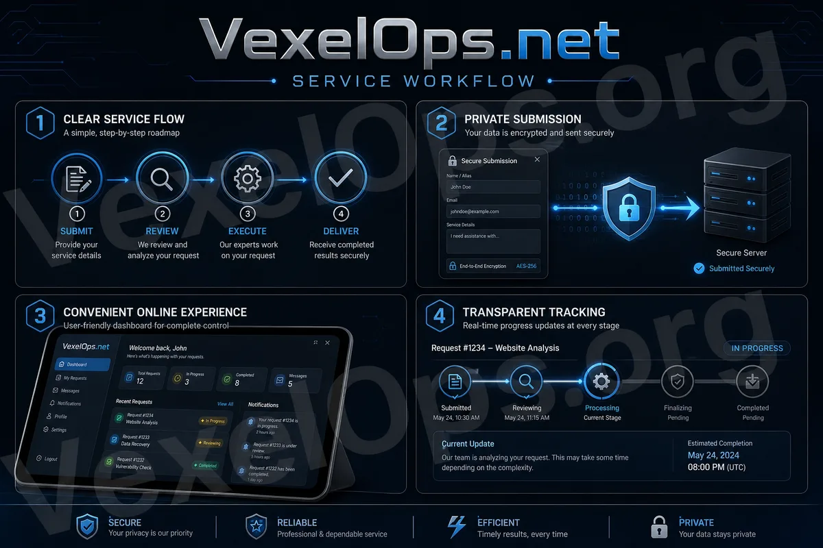 VexelOps.net 플랫폼 프로세스 모식도, 서비스 선택, 요구 제출, 프로세스 확인 및 후속 서비스 진입 등 단계를 포함합니다.