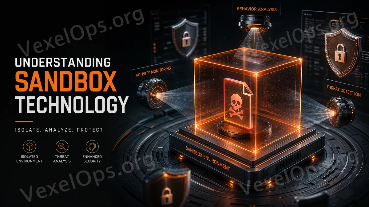 Sandbox 沙盒安全封面圖，呈現可疑檔案被隔離在透明安全區中，旁邊有鎖頭與防護盾牌。