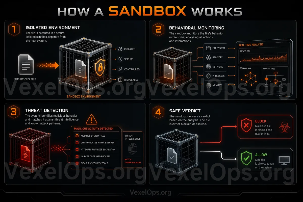 Illustration of the sandbox isolation concept, showing suspicious files running in a quarantine area, protecting the main system and personal data.