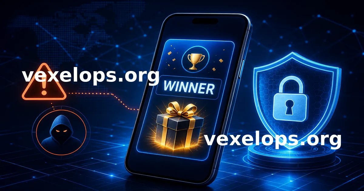 Identifying risks of fake lottery and win notifications depicted in a smartphone, featuring winning messages, gift icons, warning symbols, and account protection concepts.