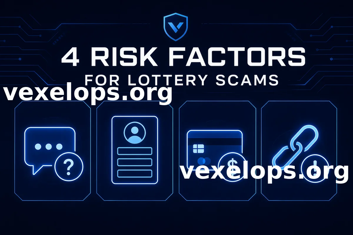 Illustration showing risks associated with fake lottery notifications, including unfamiliar winning notices, requests for personal information, upfront payments, and suspicious