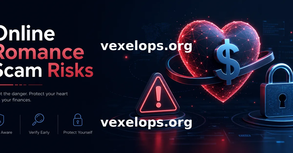 Imagen de portada sobre riesgos de estafas de amor en línea, mostrando una interfaz de chat de teléfono, corazones, símbolos de dinero, advertencias y conceptos de protección de
