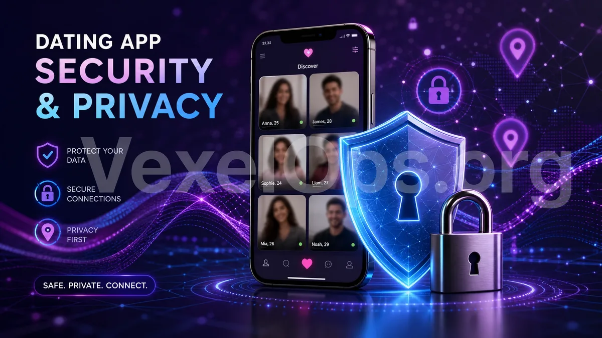 Advertencias de Seguridad en Apps de Citas para Hombres, destacando la interfaz de citas móviles, íconos de ubicación, un escudo de privacidad y conceptos de protección de cuentas,
