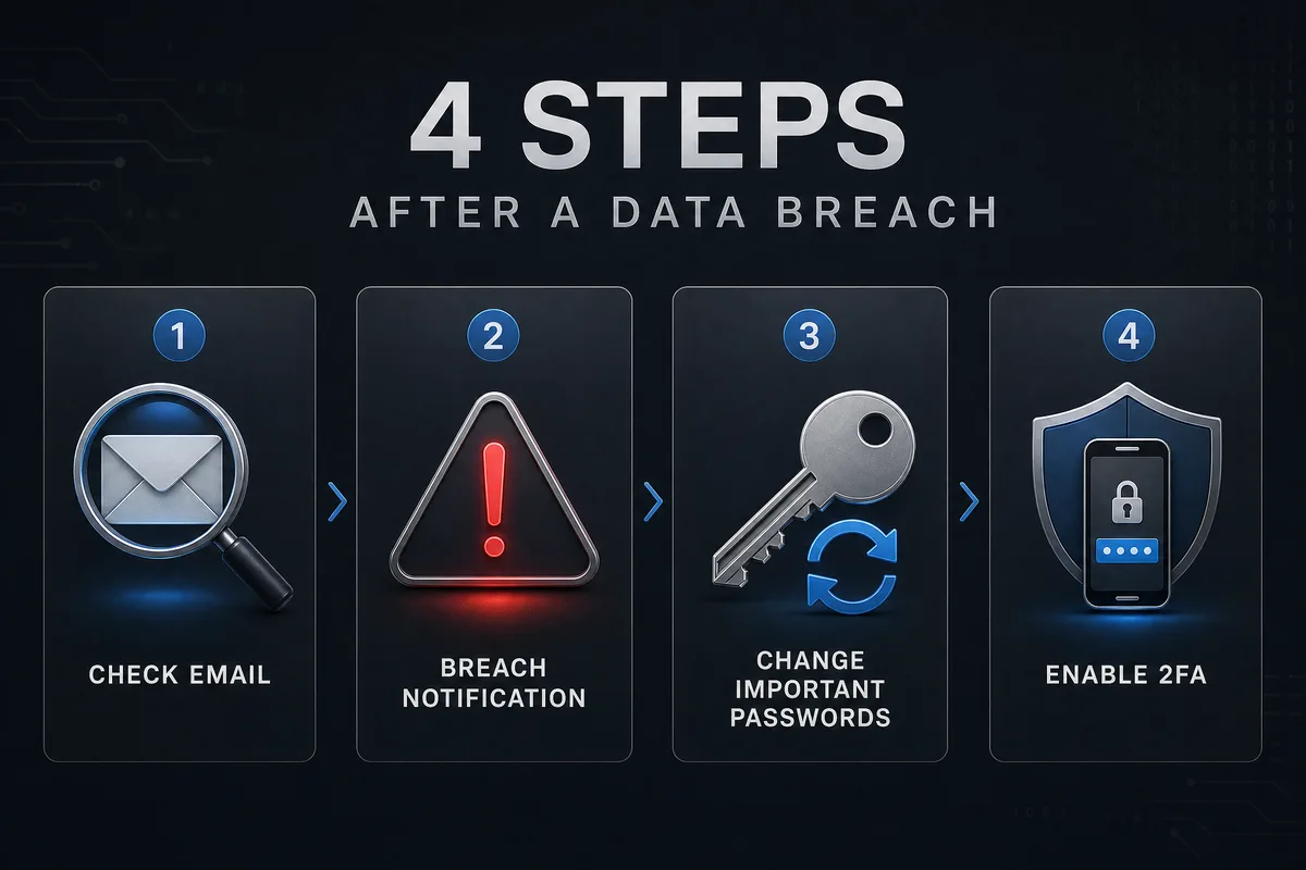 Flowchart for handling account security after a data breach query, including checking email, discovering breach alerts, updating important passwords, and enabling two-factor