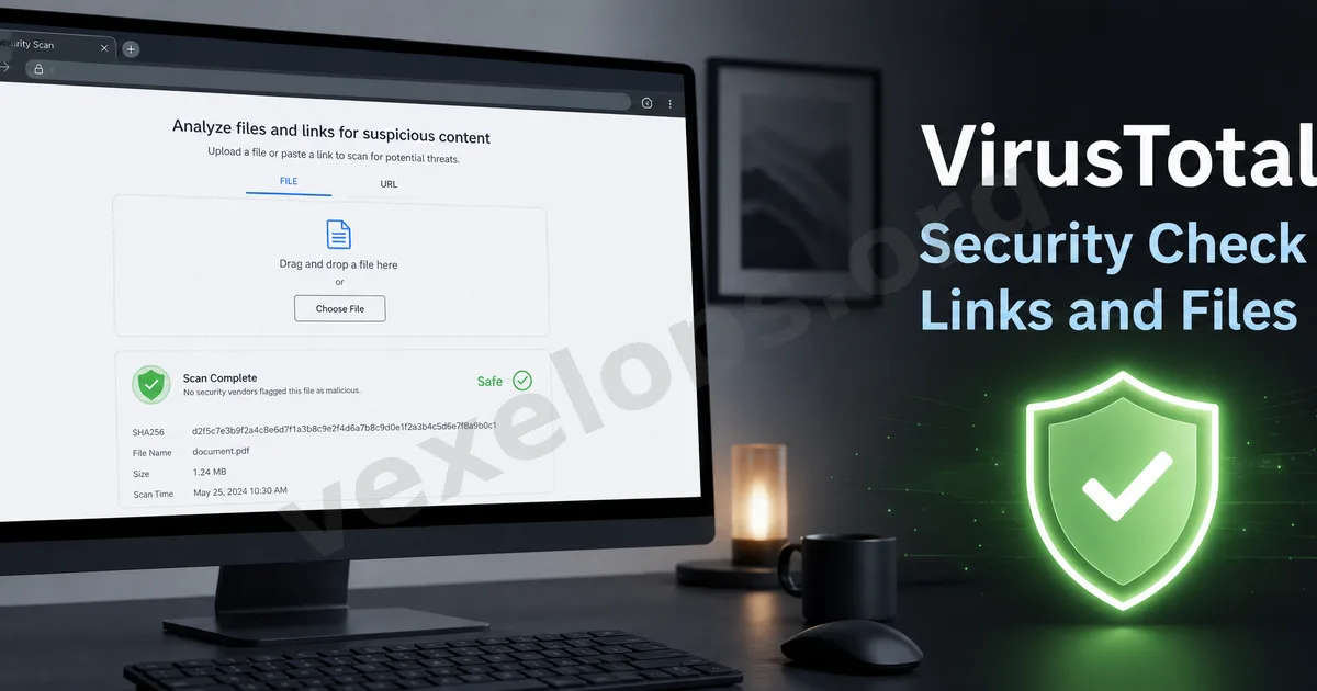 VirusTotal 可疑連結與檔案檢查封面圖，呈現檔案掃描介面、放大鏡、鎖頭與安全防護概念。