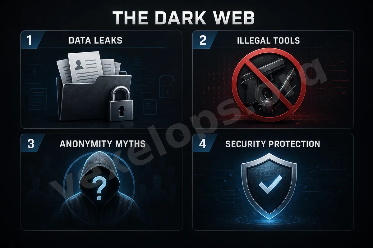 Conceptual illustration of the dark web and data breach, explaining the difference between regular internet, deep web, and dark web along with email and password leak risks.