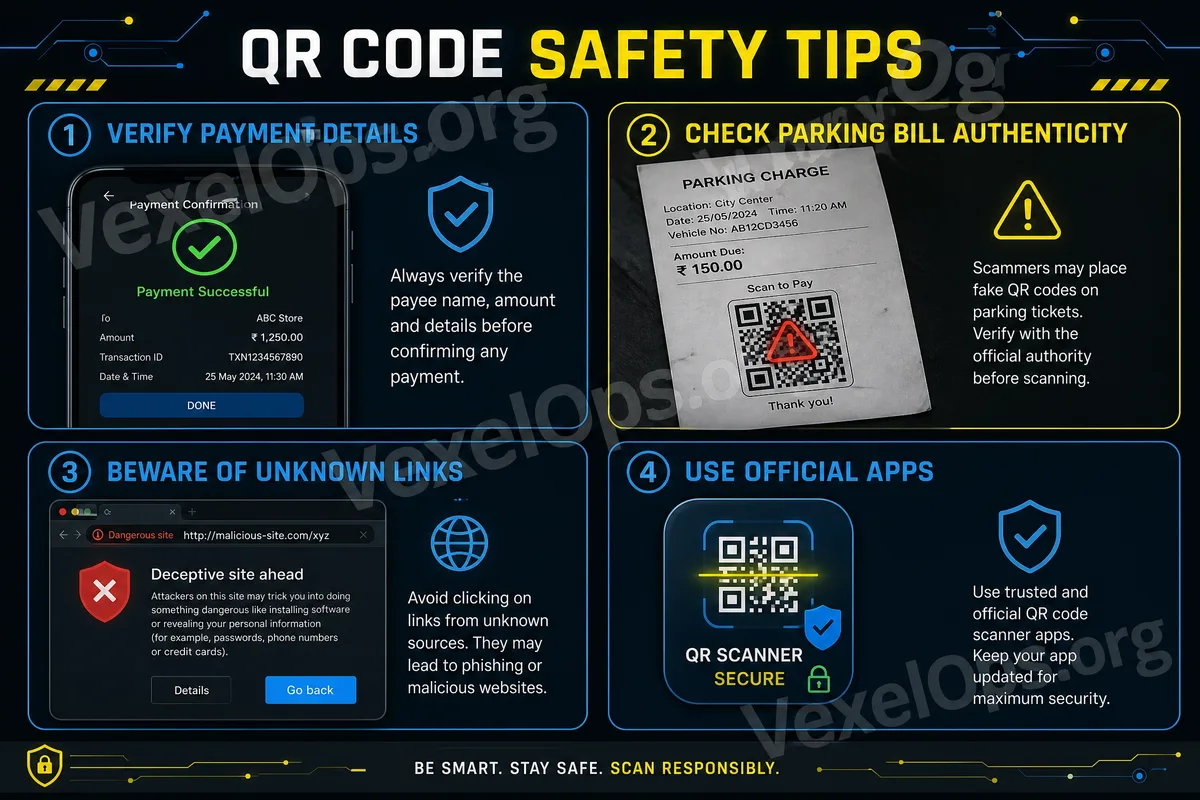 Vérification de la sécurité des QR Codes, incluant la confirmation de la source, la vérification de l'URL, l'évitement de la saisie de données sensibles et l'utilisation