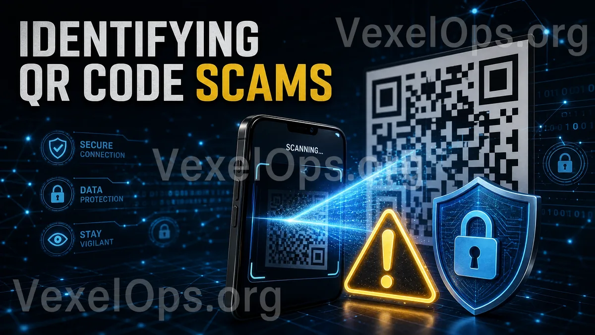 Image de couverture sur le risque des arnaques au QR Code, présentant un téléphone scannant un QR Code, des symboles d'alerte, un cadenas et des concepts de sécurité liés au scan.