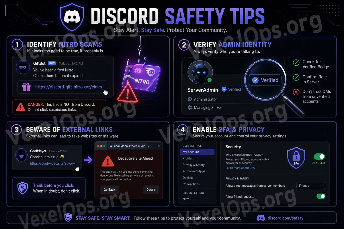 Discord 使用安全檢查圖，包含假 Nitro、假管理員、可疑邀請、陌生檔案與雙重驗證等風險項目。