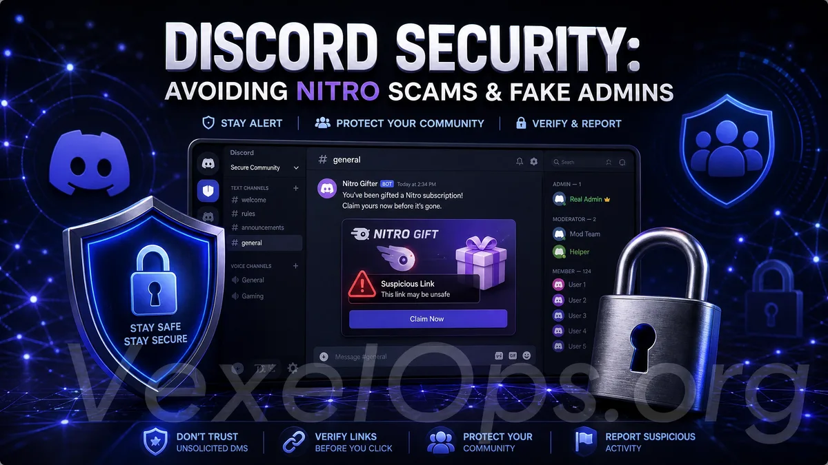 Discord 使用安全封面圖，呈現聊天社群介面、禮物圖示、警示符號、鎖頭與帳號防護概念。