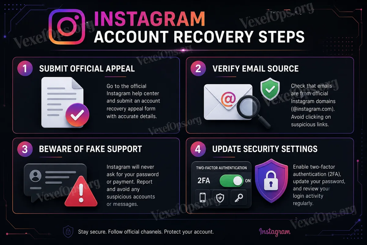 Instagramアカウント復旧プロセスのフロー図。問題のタイプの判断、メールおよび携帯電話の確認、公式申立て、偽の解放サービスの回避、および復旧後のセキュリティチェックが含まれます。