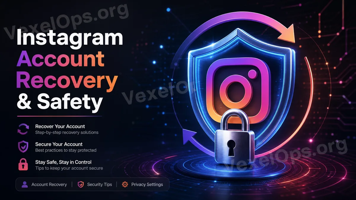 Instagramアカウントの凍結と申立て回復に関するカバービジュアル、アカウント停止の通知、申立てフォーム、ロックされた盾と回復の矢印を表現。