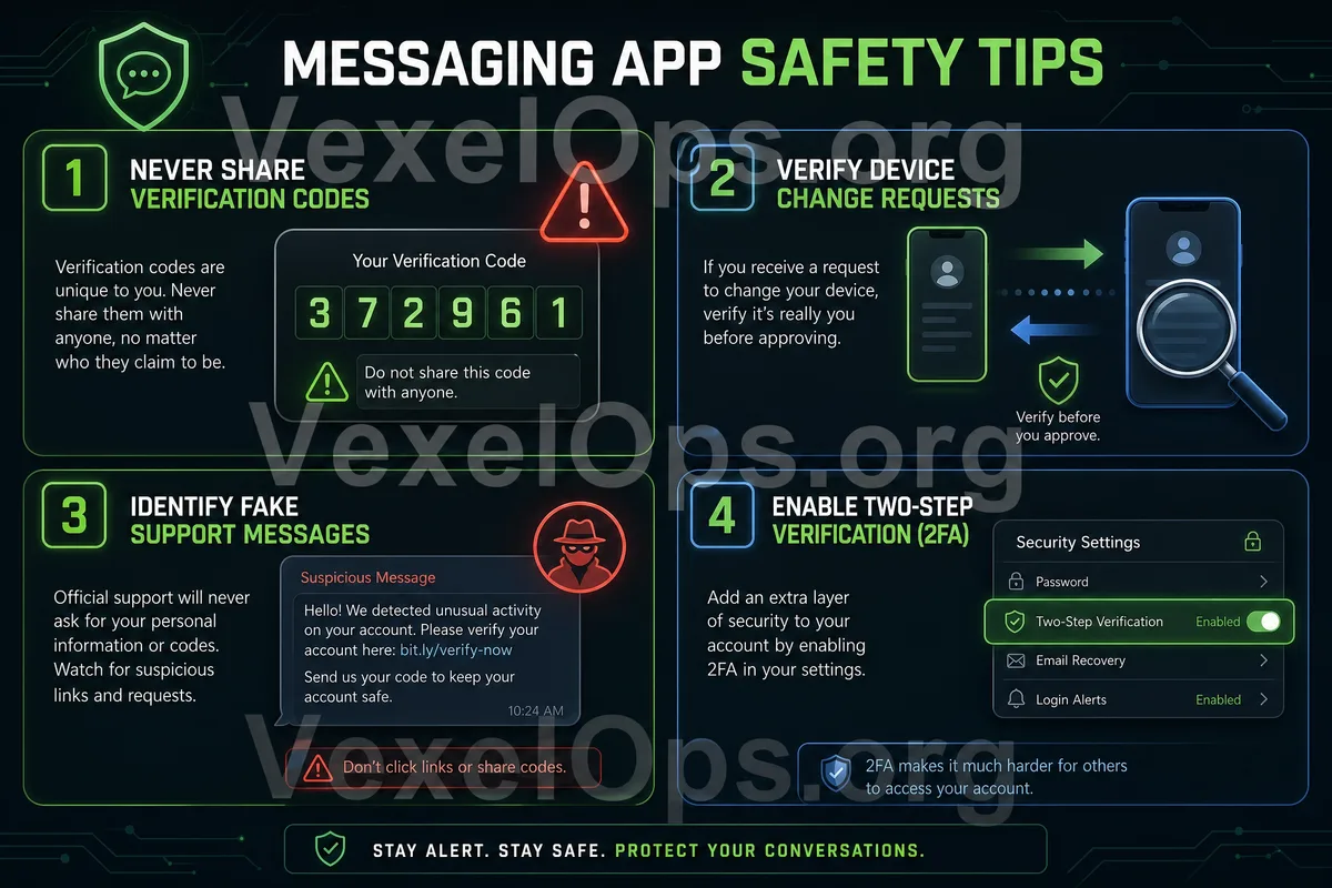 通訊 App 帳號安全檢查圖，包含驗證碼保護、換手機前檢查、假客服風險、群組連結安全與雙重驗證。