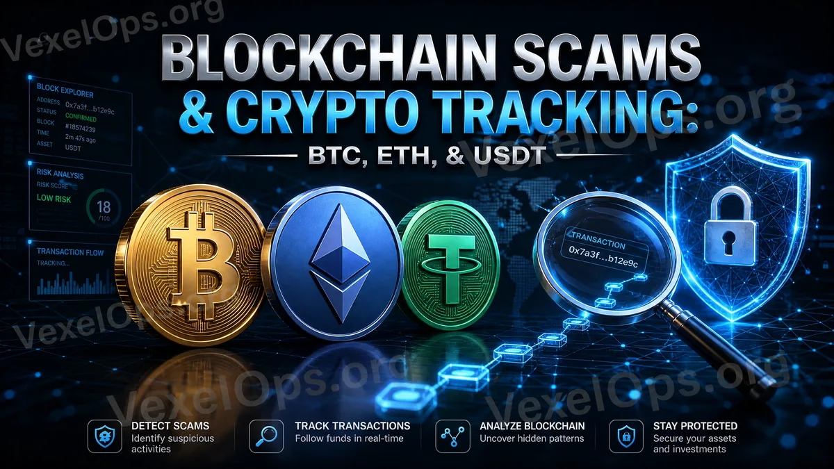 Portada del fraude en blockchain y rastreo de criptomonedas, mostrando direcciones de billetera, nodos de transacción, símbolos de advertencia y flujo de fondos en cadena.