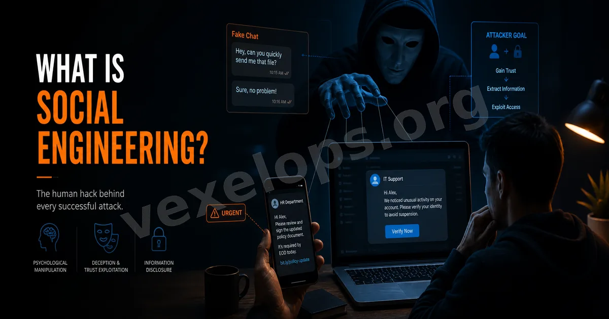 Portada sobre riesgos de la ingeniería social y atención al cliente falso, mostrando mensajes sospechosos, enlaces de phishing, sombras de personas y escudo de protección de