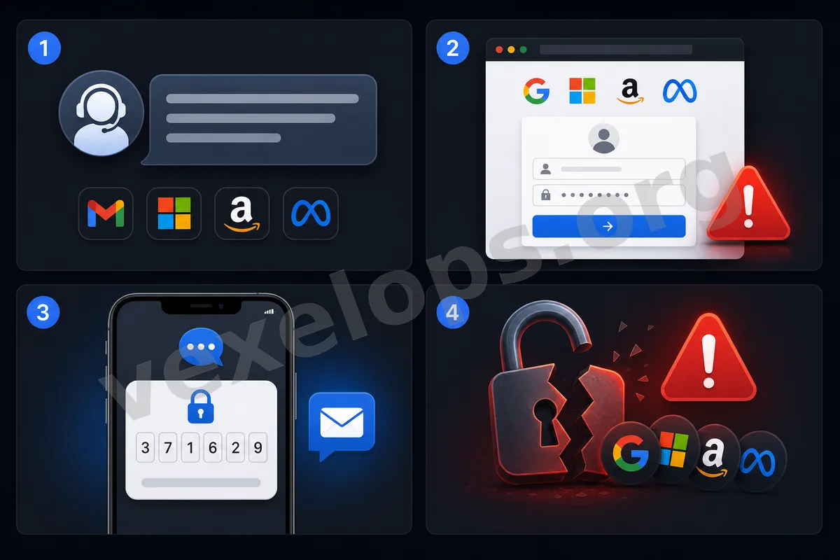 Diagrama de riesgo de ingeniería social que incluye mensajes de servicio al cliente falso, páginas de inicio de sesión de phishing, solicitudes de código de verificación y el