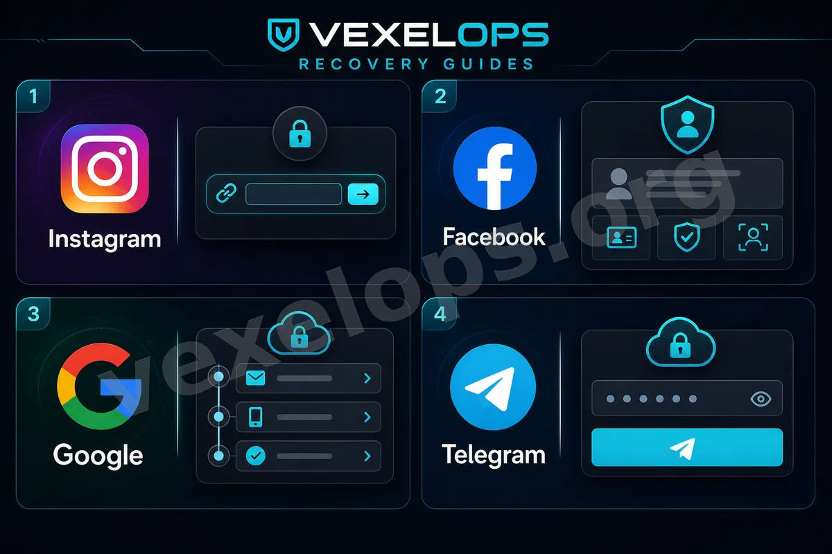 VexelOps.net 계정 해킹 서비스 지원 흐름도, 계정 비정상, 단서 정리, 위임 제출, 위험 판단 및 후속 서비스 지원을 포함합니다.