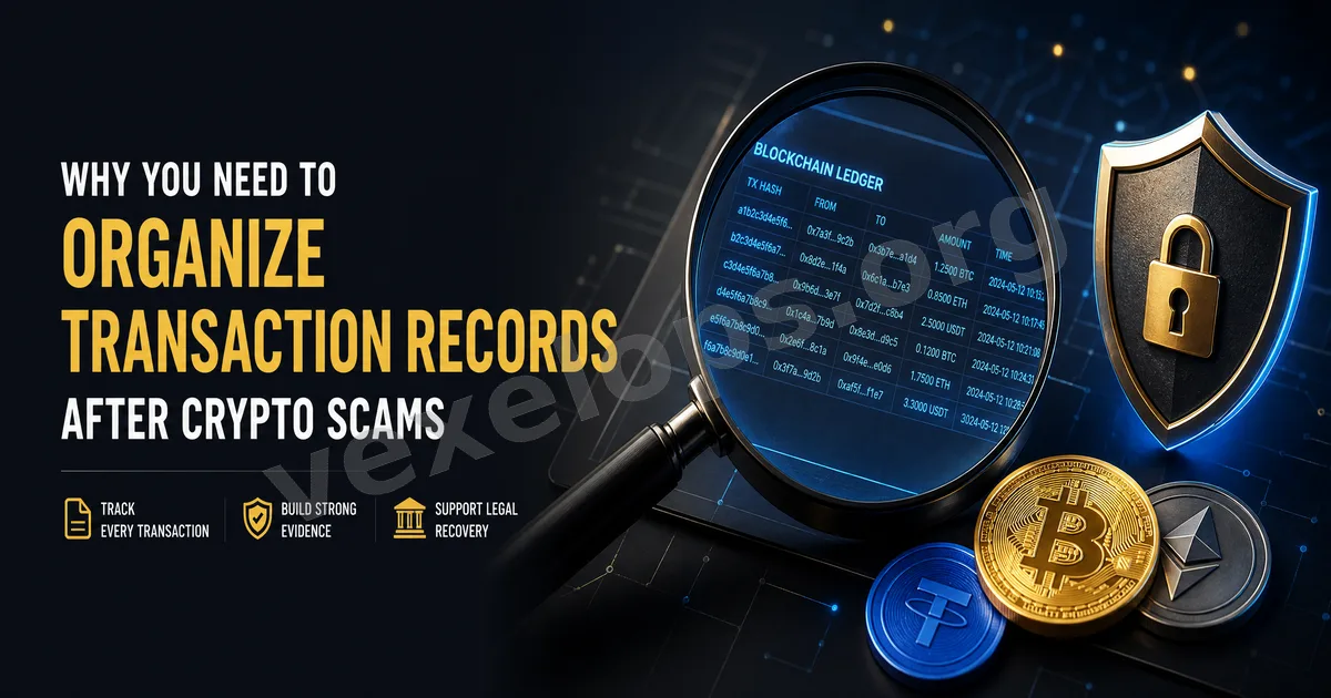 Cover image for seeking VexelOps digital security assistance after cryptocurrency fraud, illustrating transaction records, wallet addresses, on-chain nodes, and data organization