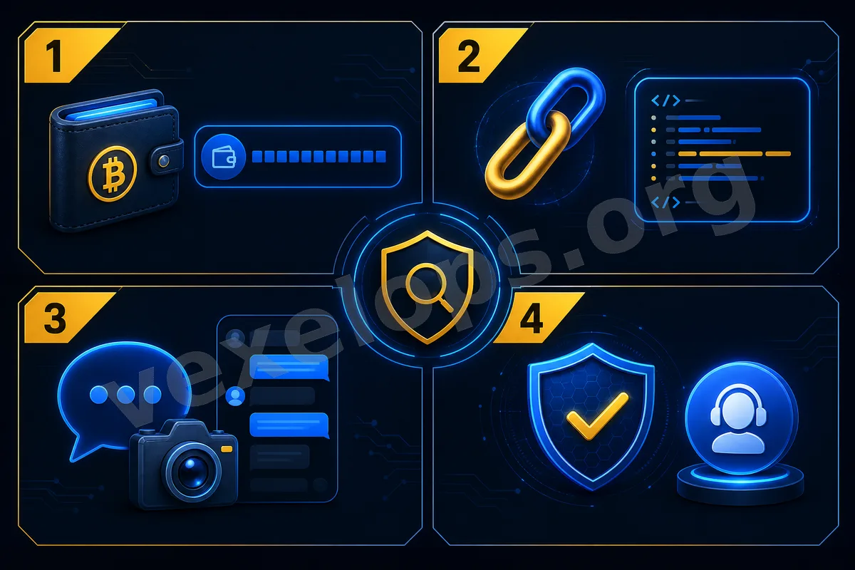 Flowchart for organizing cryptocurrency fraud data, including saving transaction hashes, organizing wallet addresses, saving chat records, and submitting to VexelOps.net for
