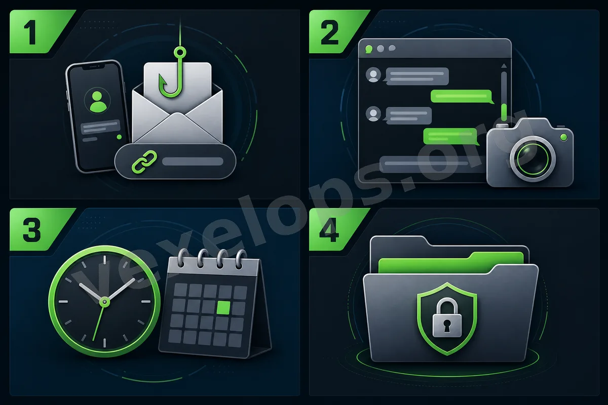 Flowchart for organizing evidence against fake support and phishing links, including preserving screenshots, recording suspicious links, organizing timelines, confirming account