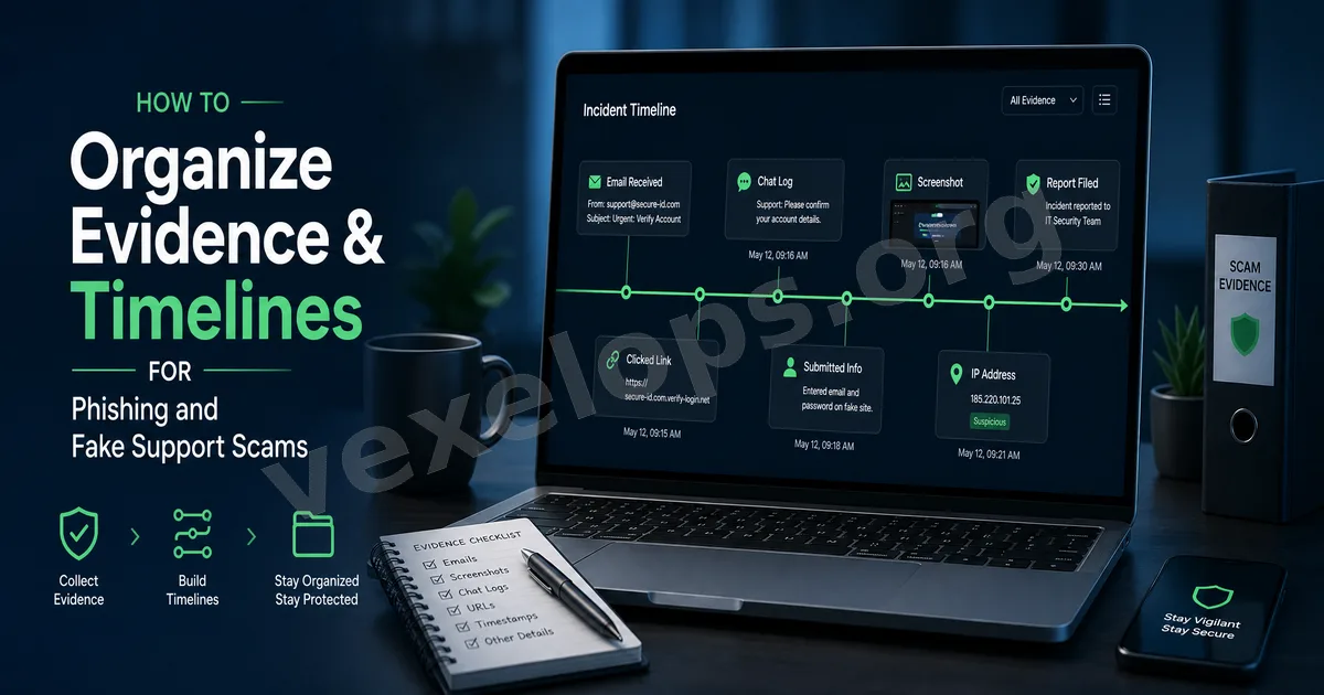 Cover image for seeking VexelOps digital safety assistance after encountering fake support and phishing links, showcasing suspicious messages, links, screenshots, and a padlock