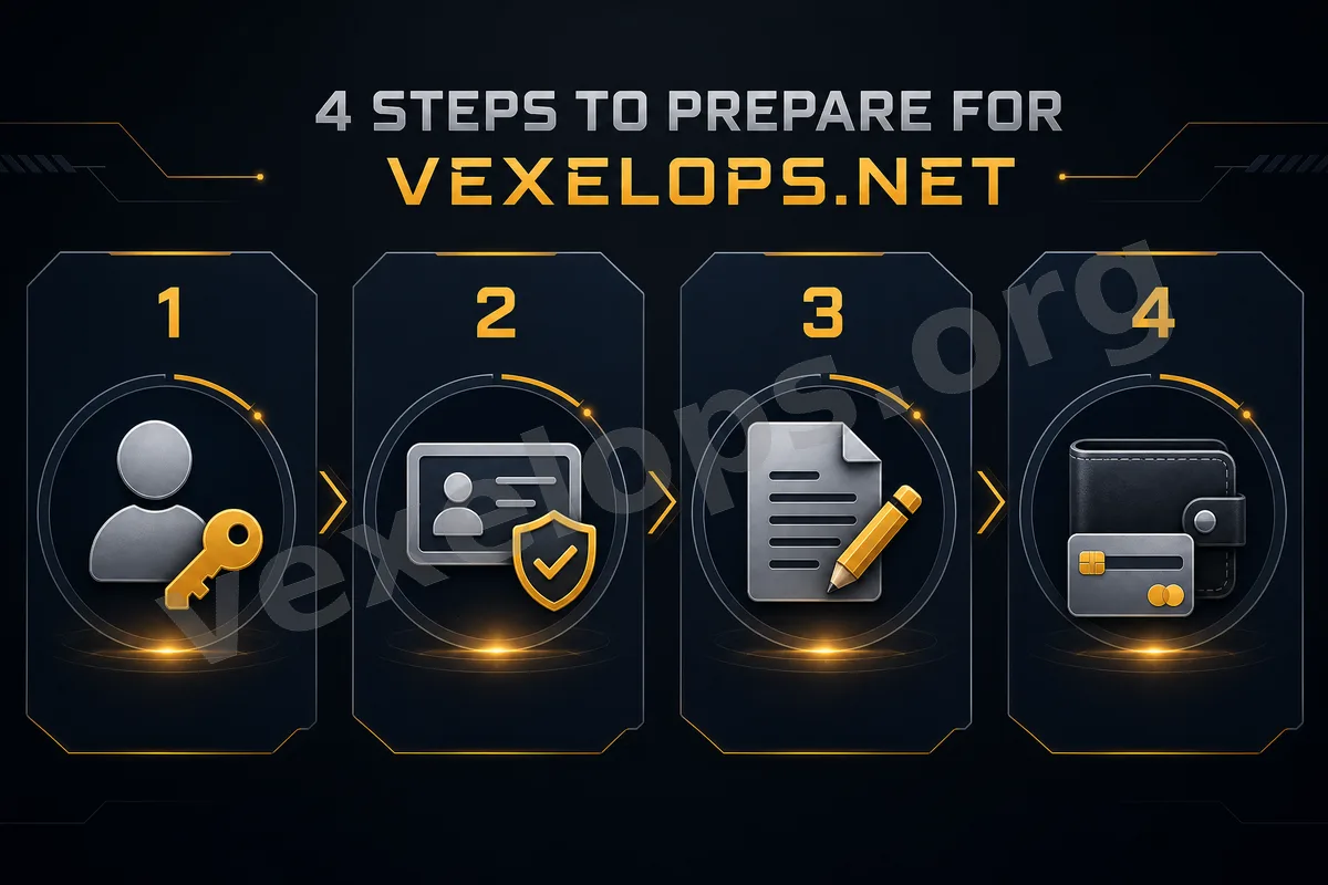 VexelOps.net 委託資料準備圖，包含平台名稱、帳號狀態、事件時間線、截圖證據與交易紀錄。