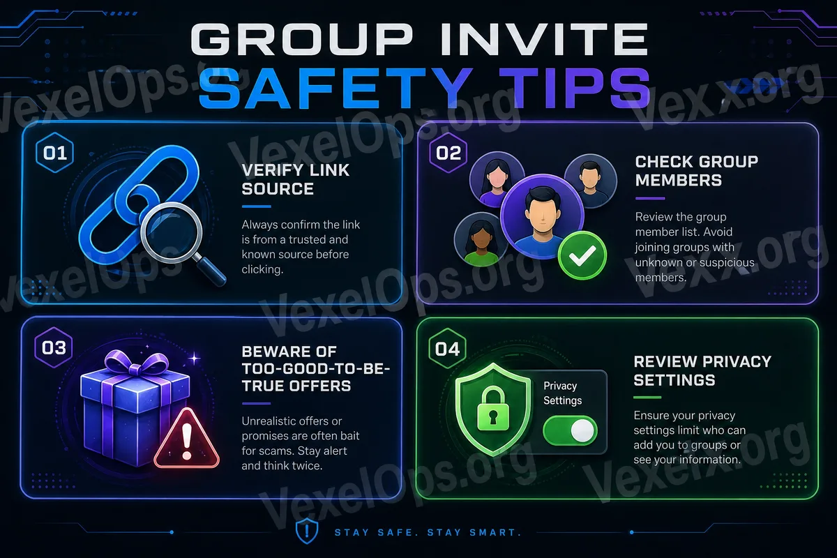 Flowchart for checking the safety of group invitation links, showing reminders of suspicious links, verification code protection, and unknown file risks.