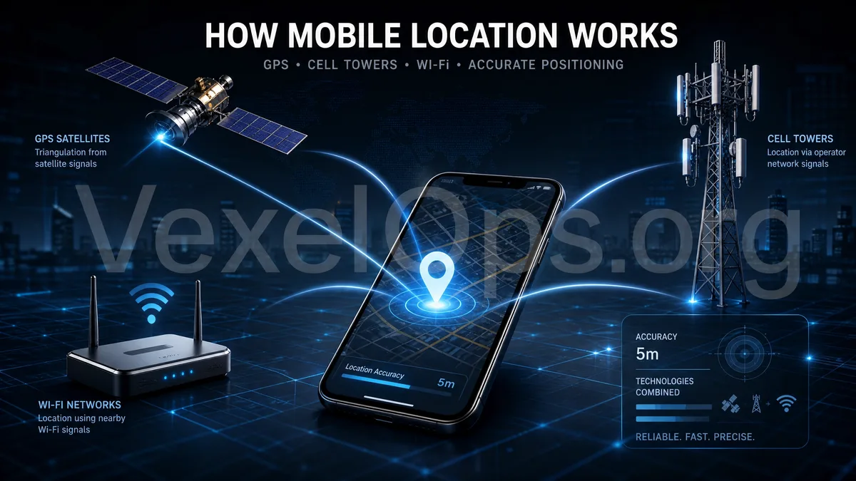 携帯電話の位置情報技術についての概念図、GPS、基地局、Wi-Fi、携帯アプリの位置情報がどのように連携して機能するかを示します。