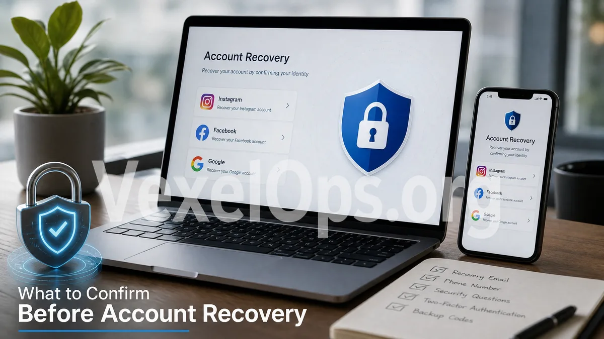 Diagram illustrating the account security checks before recovering Instagram, Facebook, and Google accounts, reminding users to organize inboxes, phones, abnormal times, and login