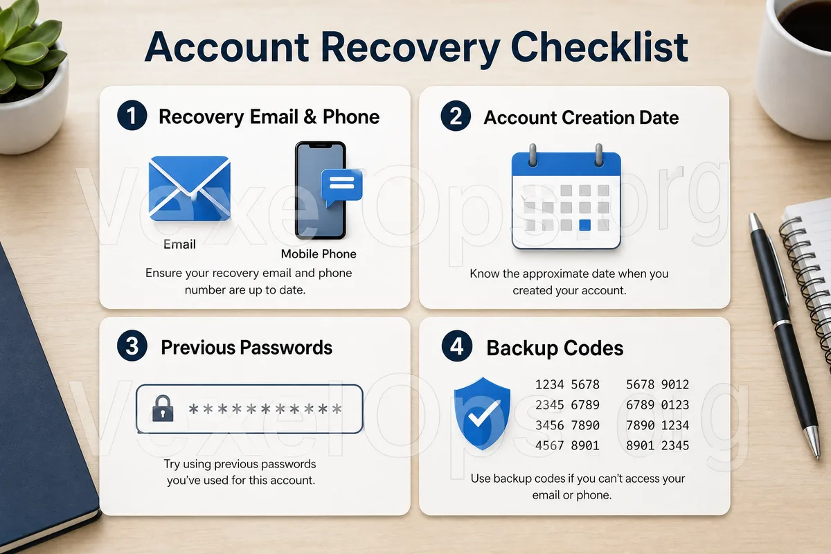 Flowchart for organizing account recovery data, showcasing checks on email, phone number, security notifications, unknown devices, and suspicious link issues.