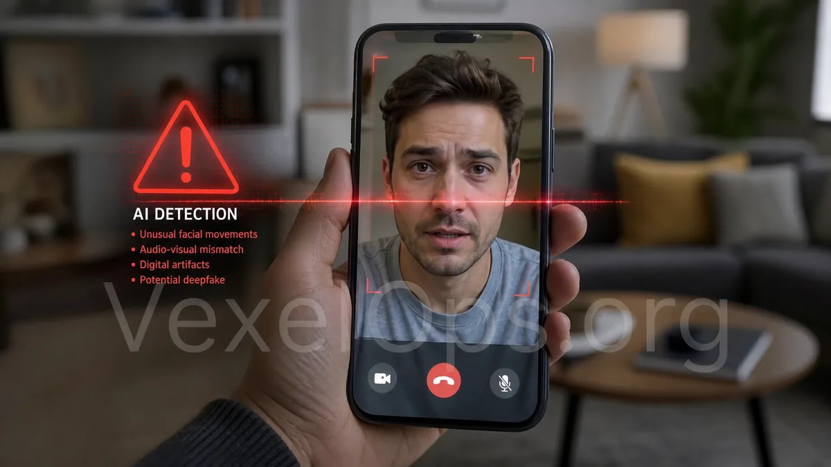 AI音声変換とディープフェイク動画による詐欺リスクの示意図、ユーザーが疑わしい音声、ビデオ、緊急送金要求に直面した際に身分を確認するように促します。