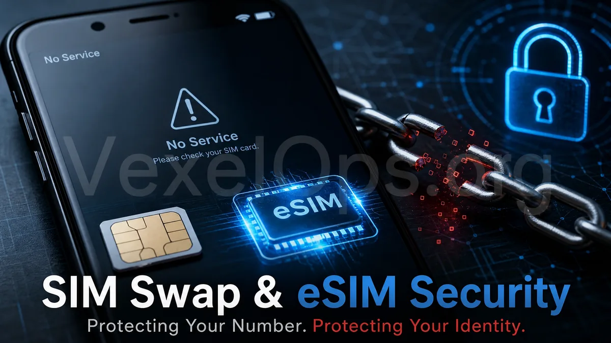Illustration of SIM Swap and eSIM transfer risks, reminding users to protect their phone numbers, SMS verification codes, and important account security.
